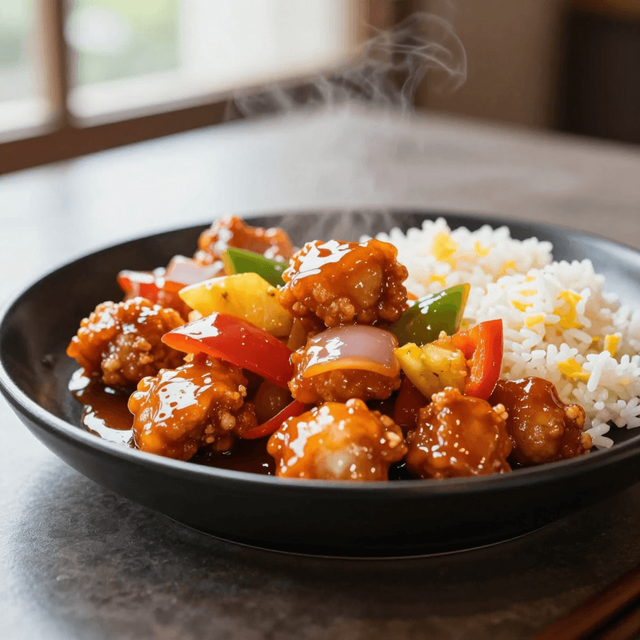 AI-generated food image of sweet and sour chicken with peppers and egg fried rice