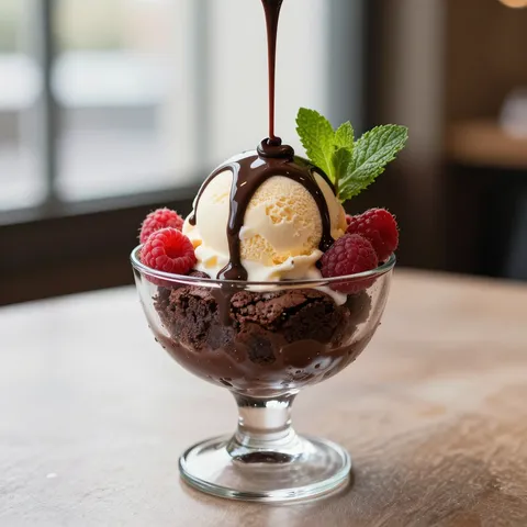AI-generated food image of a chocolate brownie sundae with ice cream and raspberries