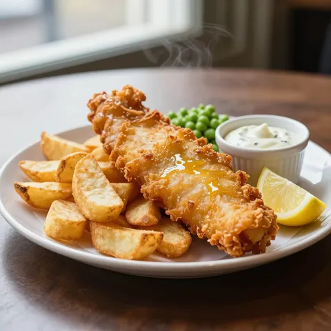 AI-generated food image of battered fish, chunky chips, peas and tartare sauce