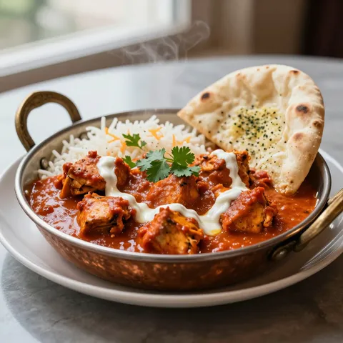 AI-generated food image of chicken tikka masala in a copper dish with rice and naan