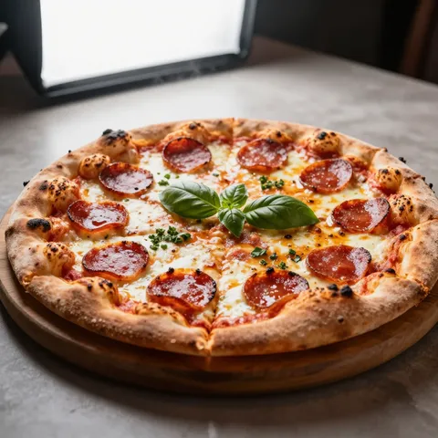 AI-generated food image of a stone-baked pepperoni pizza with fresh basil